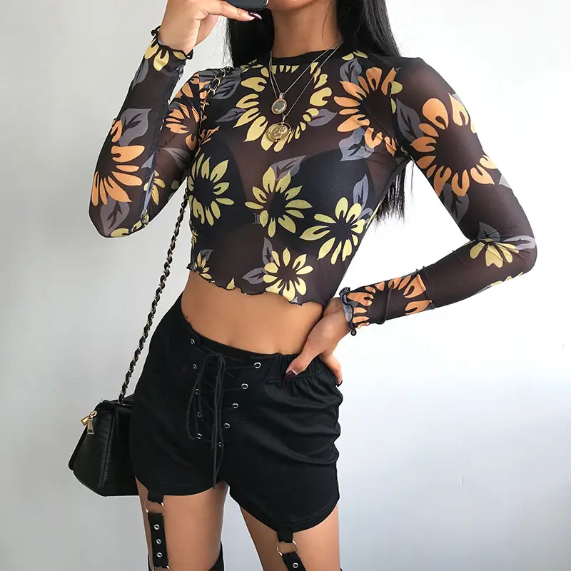 Spring And Summer European And American Ear Sun Print Mesh T-shirt Short Casual Top