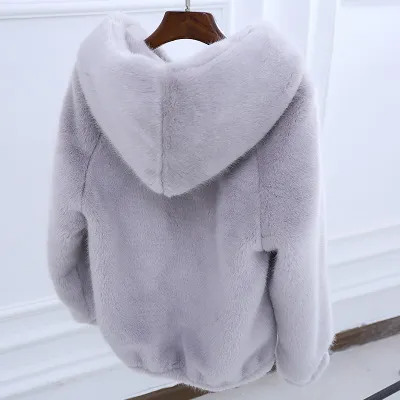 Autumn and winter new Korean version of the rabbit fur grass short female imitation mink loose plush hooded thick coat - Gray