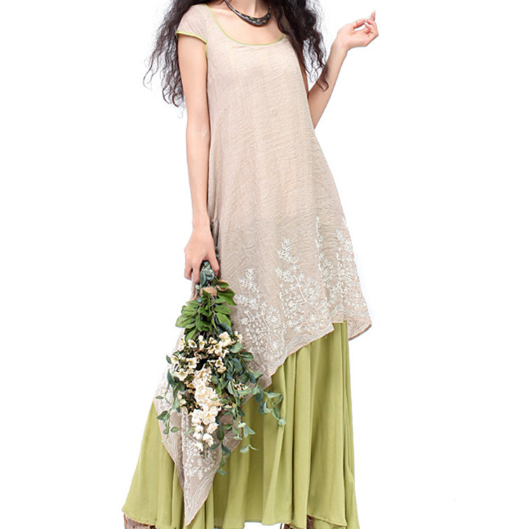 Summer new women's irregular loose long skirt embroidery fake two large swing short-sleeved cotton and linen dress