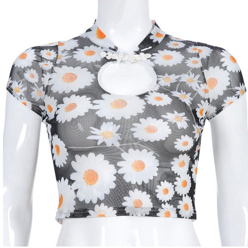 Vintage transparent mesh high collar T-shirt ladies sexy perspective short sleeve