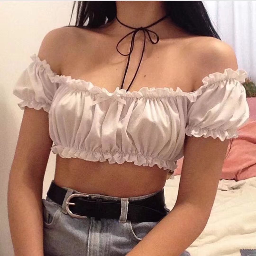 Loose wooden earrings, tube top, high waist, solid color, short-sleeved T-shirt