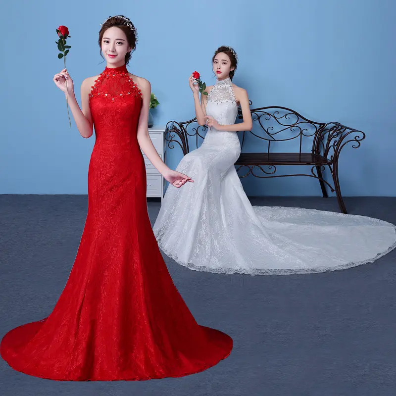 Big Red Wedding Dress Bride Large Size Waist Fishtail