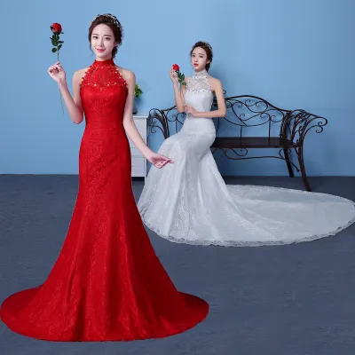 Big Red Wedding Dress Bride Large Size Waist Fishtail Wedding Dress Fishtail Tail Korean Hanging Neck