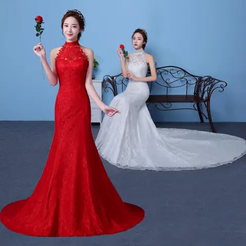 Big Red Wedding Dress Bride Large Size Waist Fishtail