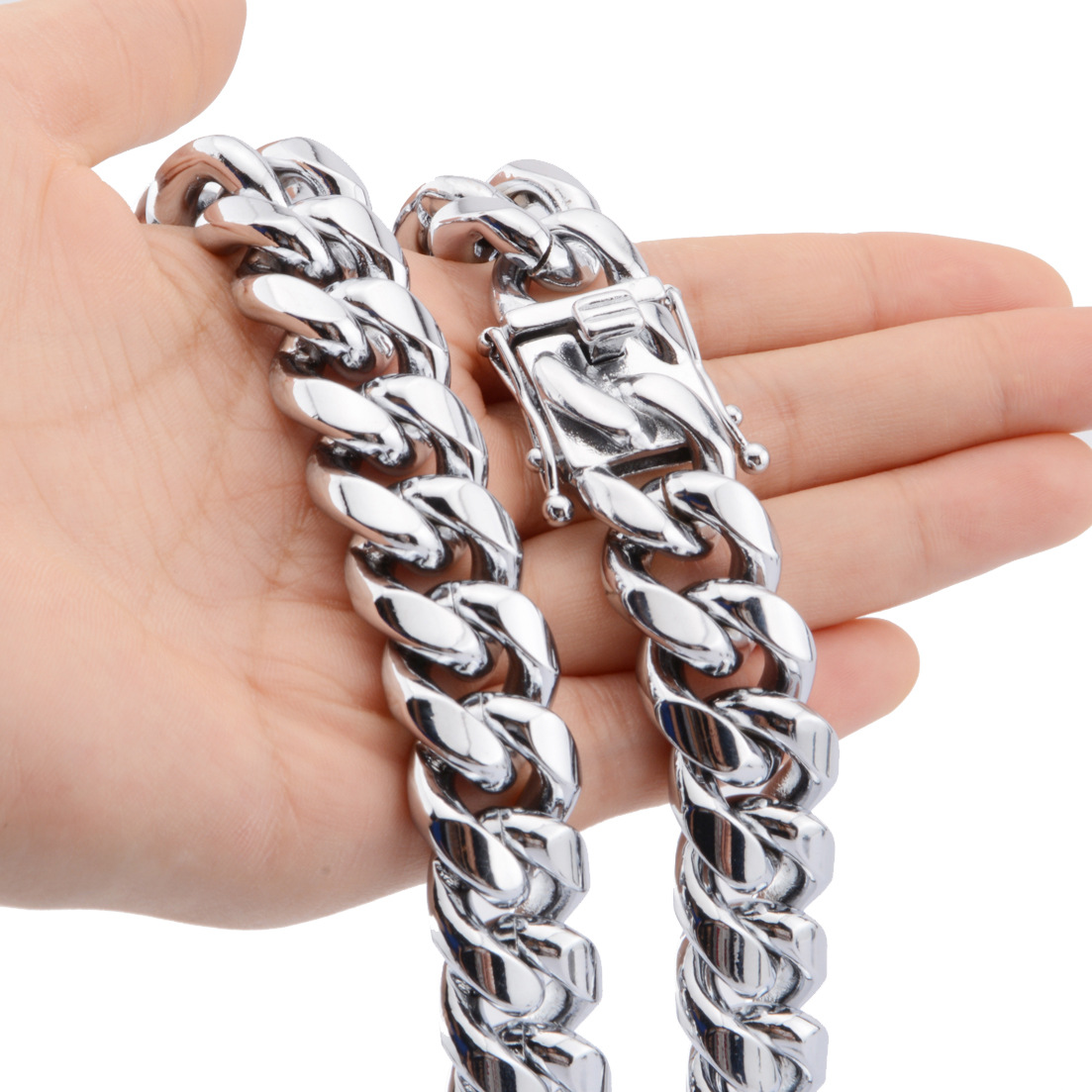 New men's hot Cuban chain faucet buckle silver necklace stainless steel titanium steel encryption plating white steel