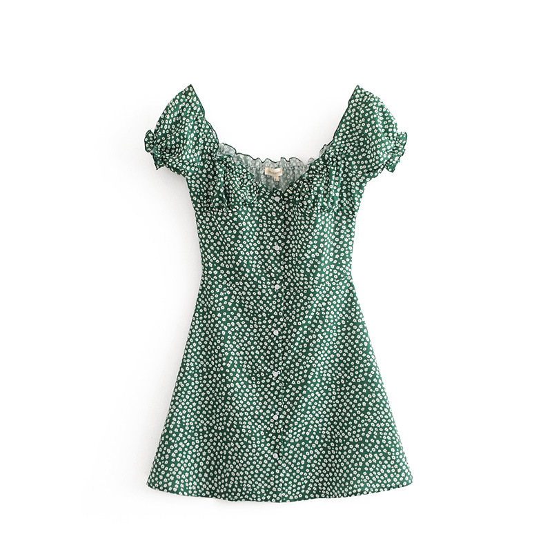 Summer new garden floral front row buckle puff sleeves retro French dress