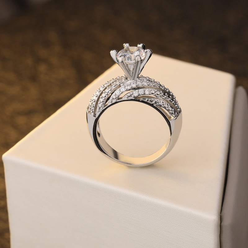 Wish hot sale full diamond double-layer simulation diamond set ring female ebay new plated S925 silver engagement ring