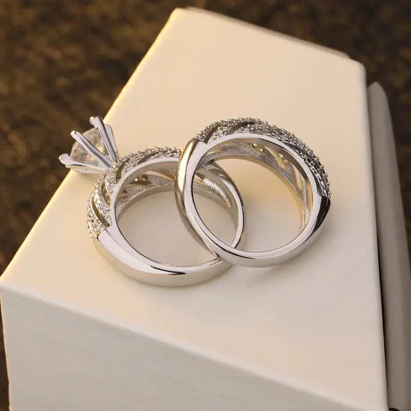 Wish hot sale full diamond double-layer simulation diamond set ring female ebay new plated S925 silver engagement ring
