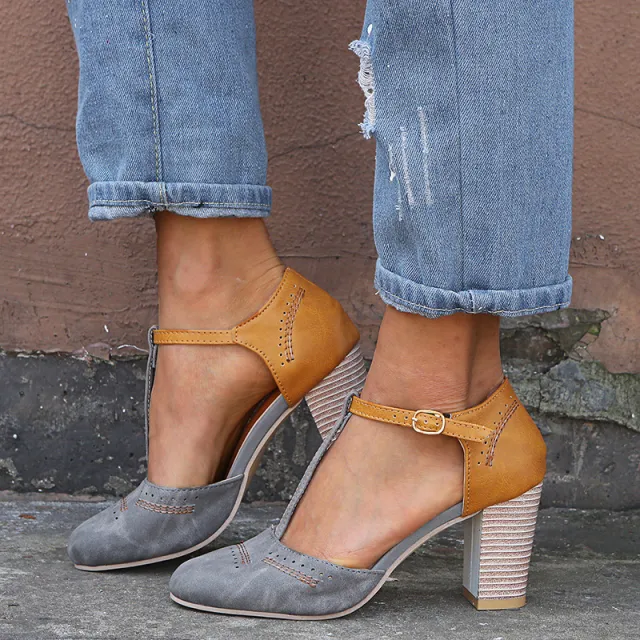 Vintage round head color matching T strap sandals Grey - Shop at LoveMi