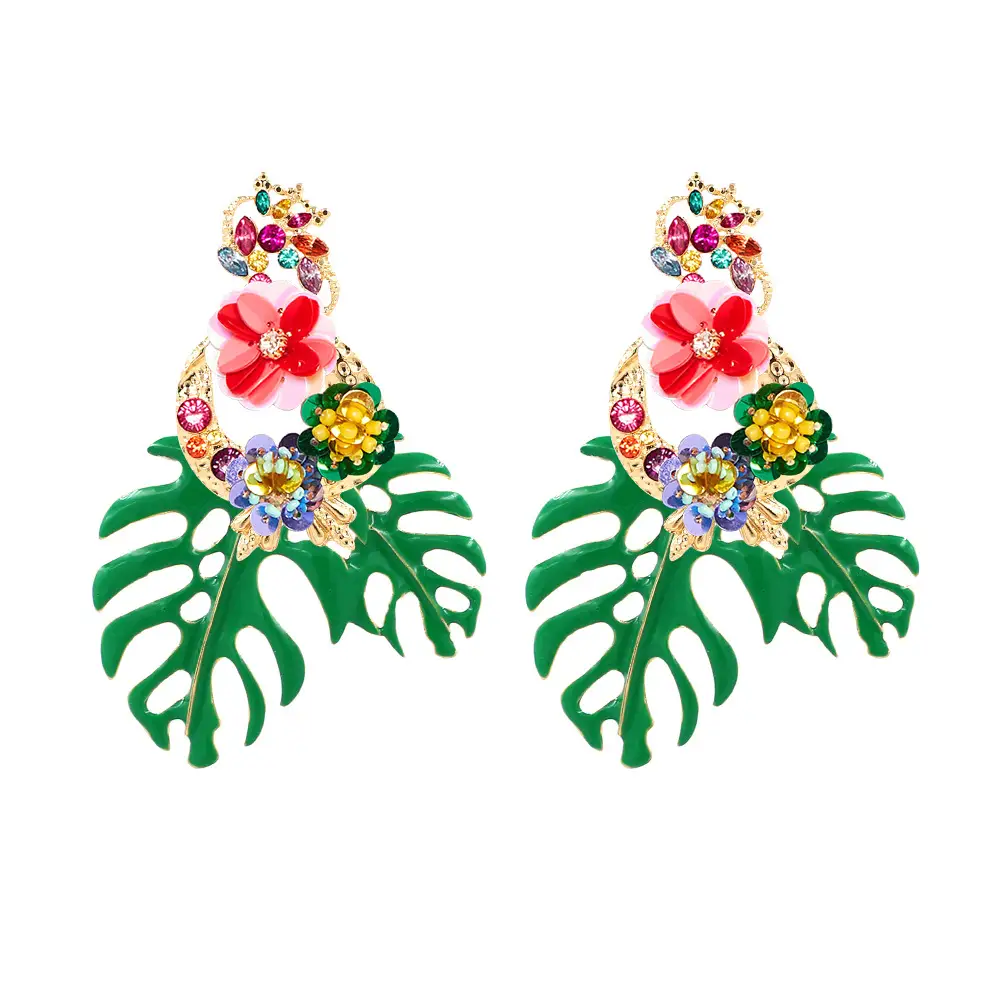 Europe and the United States cross-border earrings big name personality exaggerated sequins flowers leaves earrings alloy diamond earrings