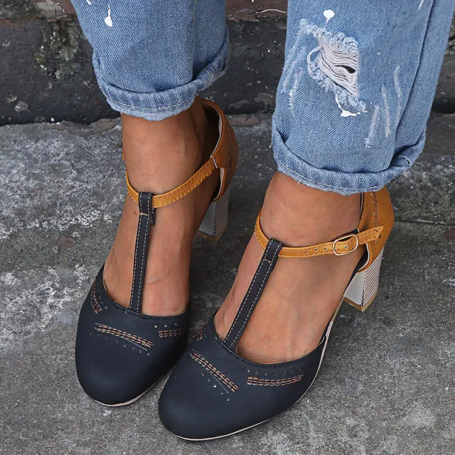 Vintage round head color matching T strap sandals Black - Shop at LoveMi