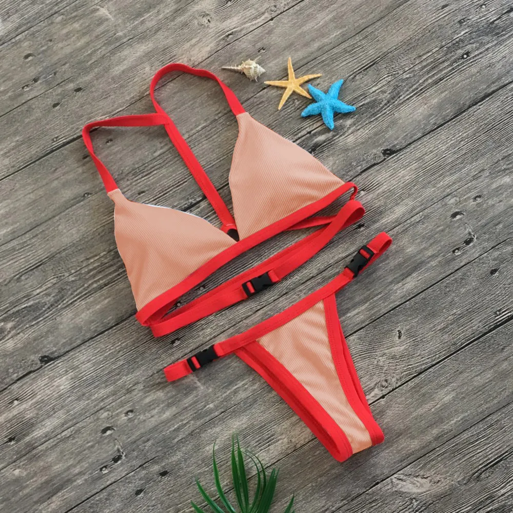 Bikini split solid color buckle swimsuit - Pink
