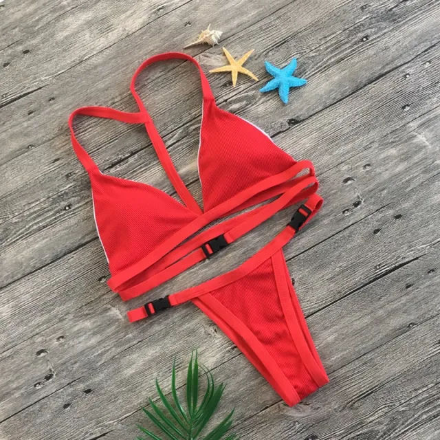 Bikini split solid color buckle swimsuit Gules L - Shop at LoveMi