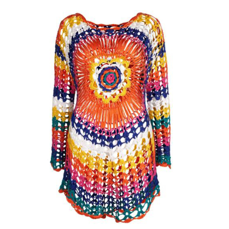 Europe and the United States hook flower hollow blouse beach knit blouse long-sleeved holiday wear bikini rainbow sun protection clothing
