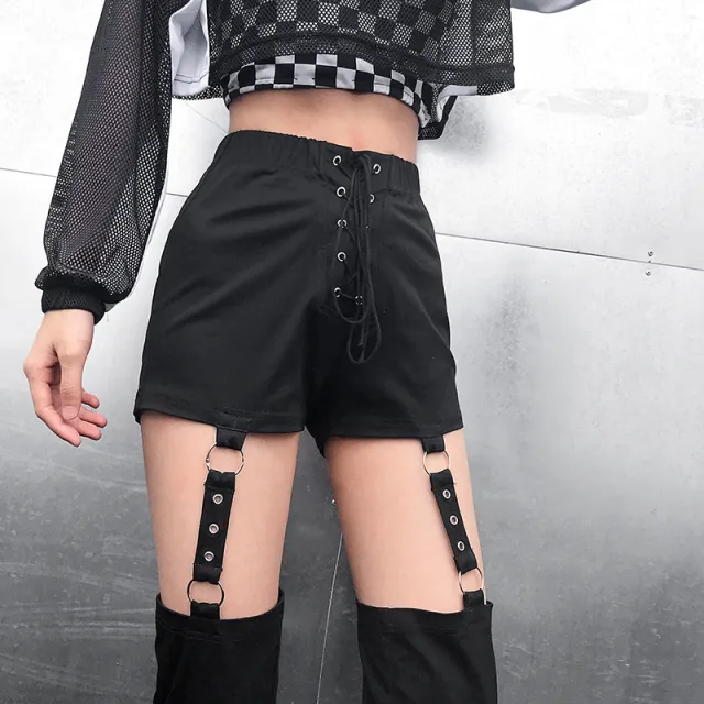 Strap irregular hollow detachable casual trousers Black - Shop at LoveMi