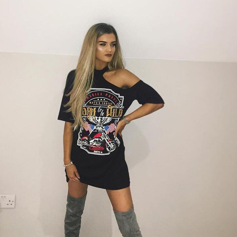 Eagle Motorcycle Print Hanging Neck Strapless T-Shirt Dress