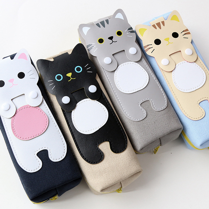 Korean version of the cute and simple creative cat cartoon canvas pencil bag female students large capacity zipper pencil case pencil case