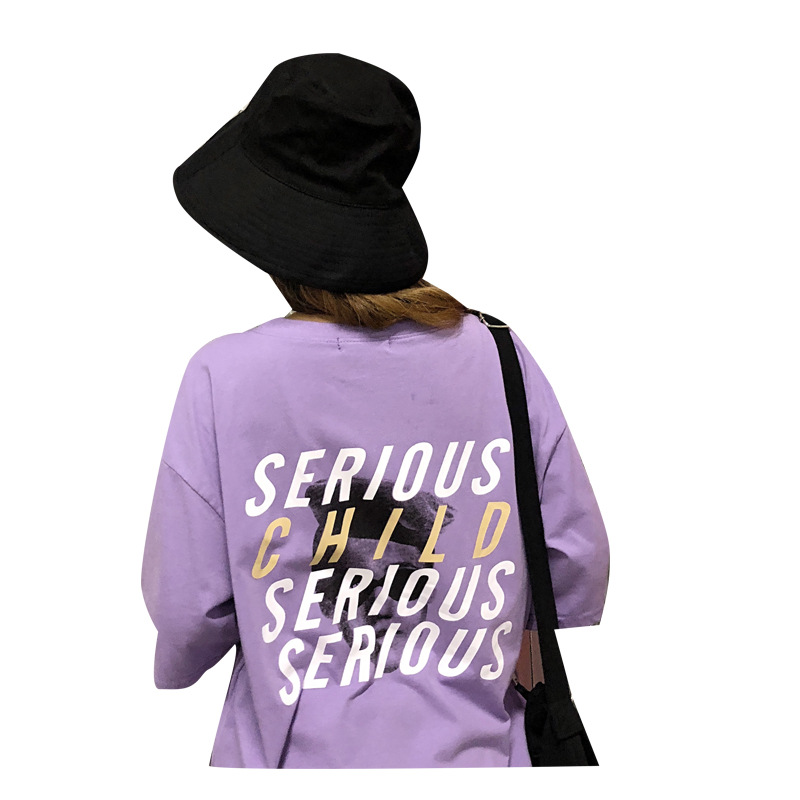 Real shot summer new wild back letter printing thin T-shirt female Korean version of the loose long paragraph short-sleeved shirt