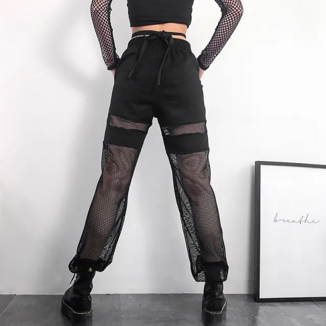 Europe and the United States cross border women's speed sell ins spring and summer new mesh stitching hollow hip hop trend trousers women Black - Shop at LoveMi