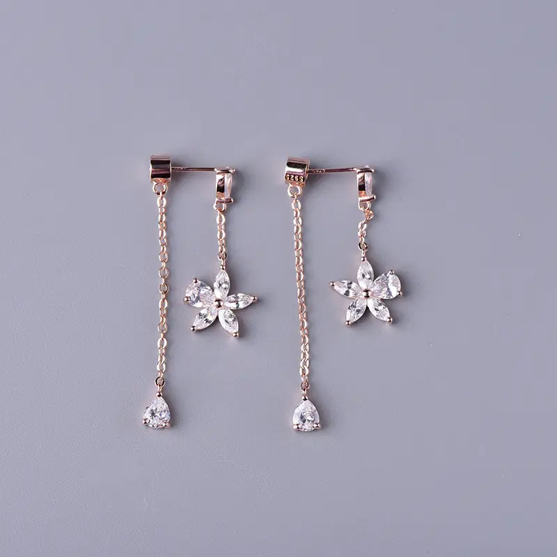 S925 sterling silver flower tassel earrings