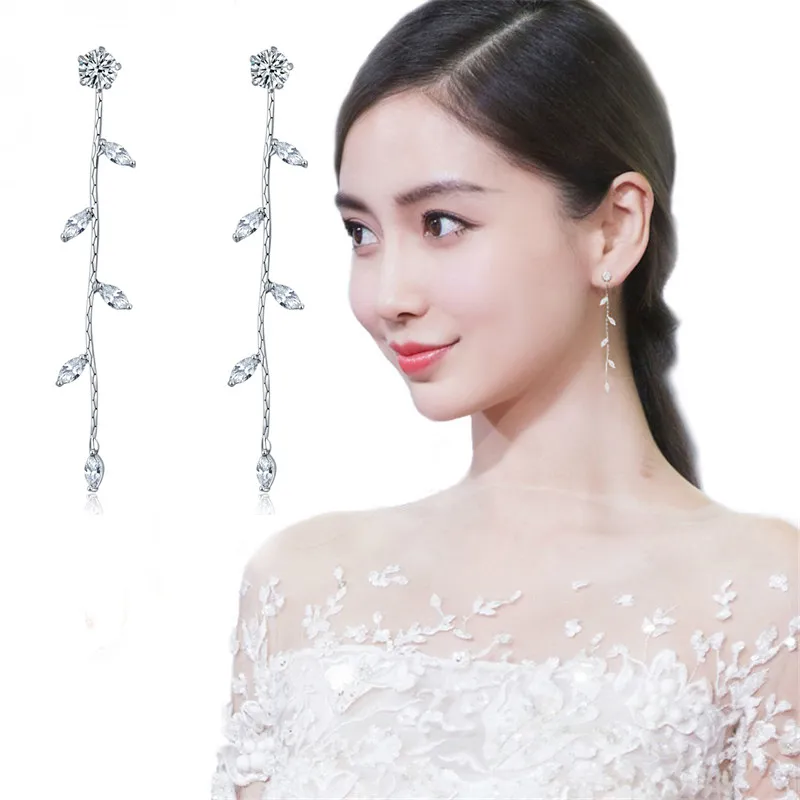 Korean temperament personality fashion leaves long earrings earrings fashion ear jewelry sterling silver needle hypoallergenic ear nails female - Z...