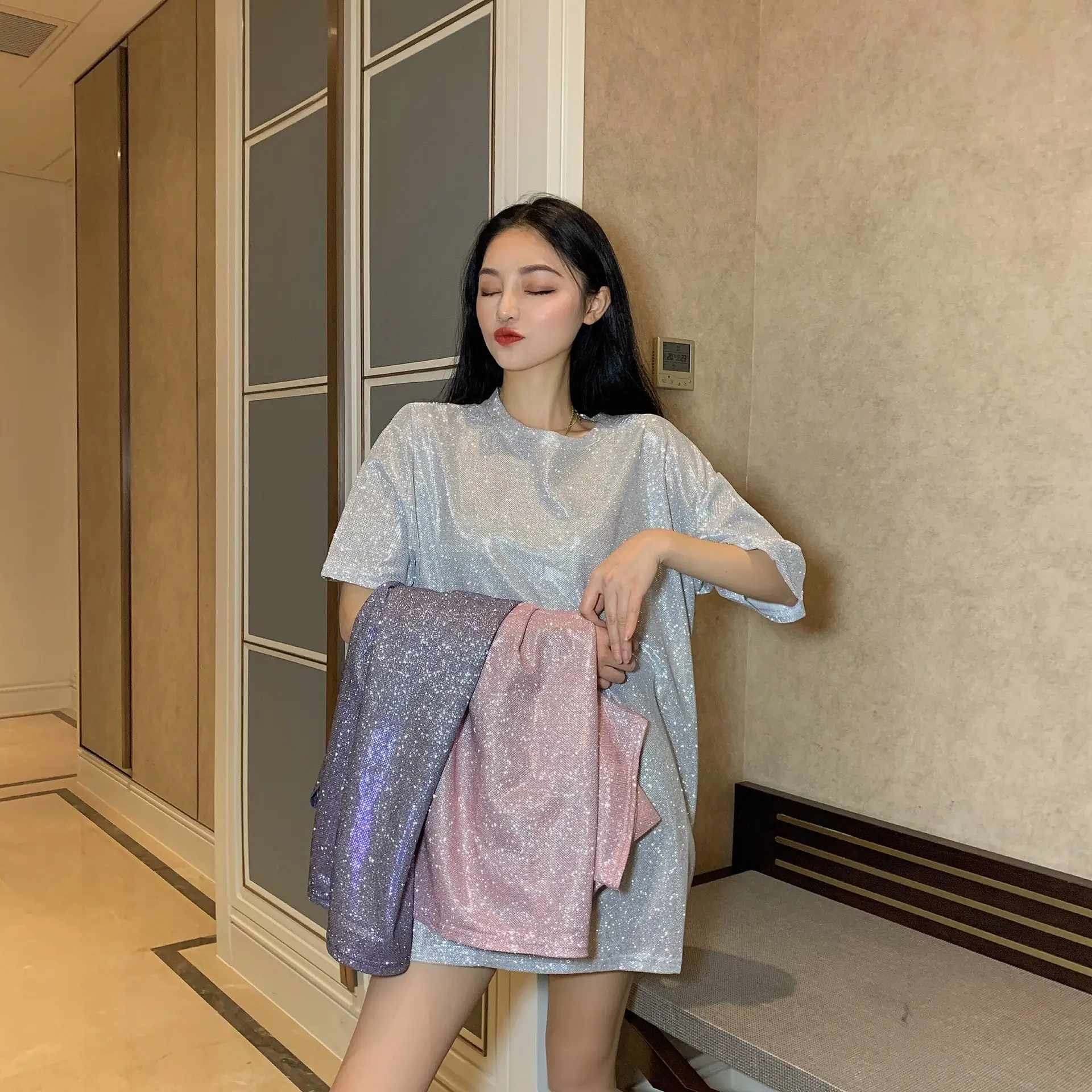 Long sparkling silk top