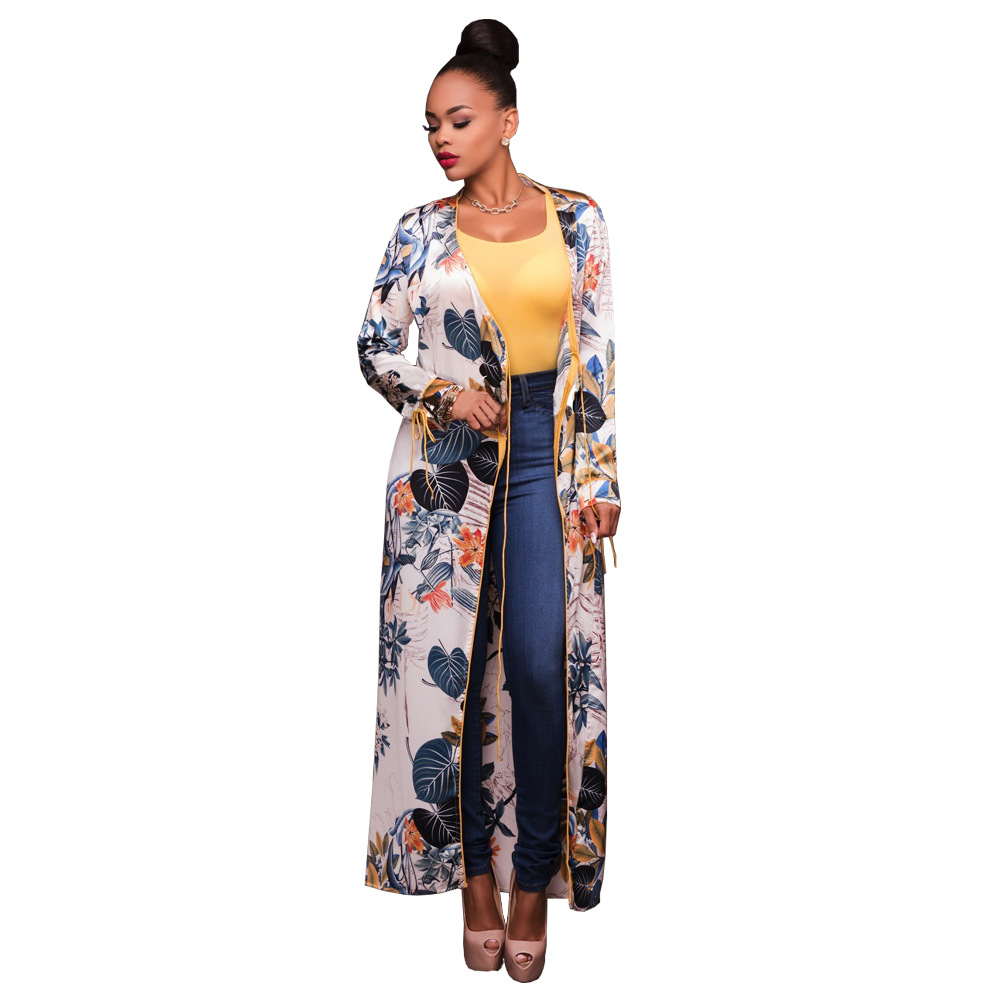 foreign trade Amazon supply Europe and the United States fashion long-sleeved cardigan cloak jacket printed gold-rimmed swimwear blouse