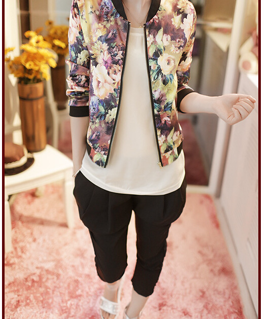 Jacket Trendy Wild Floral Zipper Stand Collar Long Sleeve Short Jacket Women Printing - Shop at LoveMi