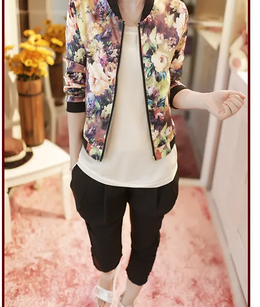 Jacket Trendy Wild Floral Zipper Stand Collar Long Sleeve Short Jacket Women - Printing