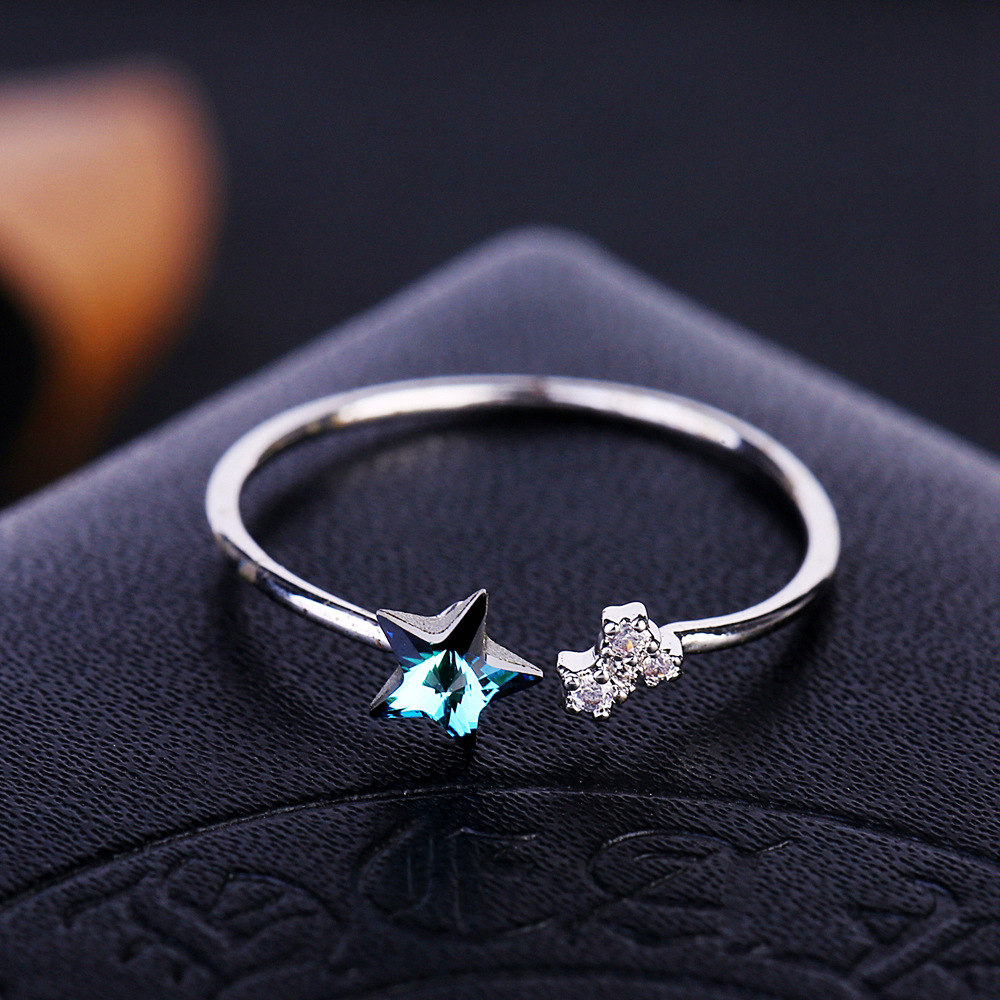 High Grade Platinum Japanese And Korean  Elements Crystal Five-pointed Star Super Zircon  Ring