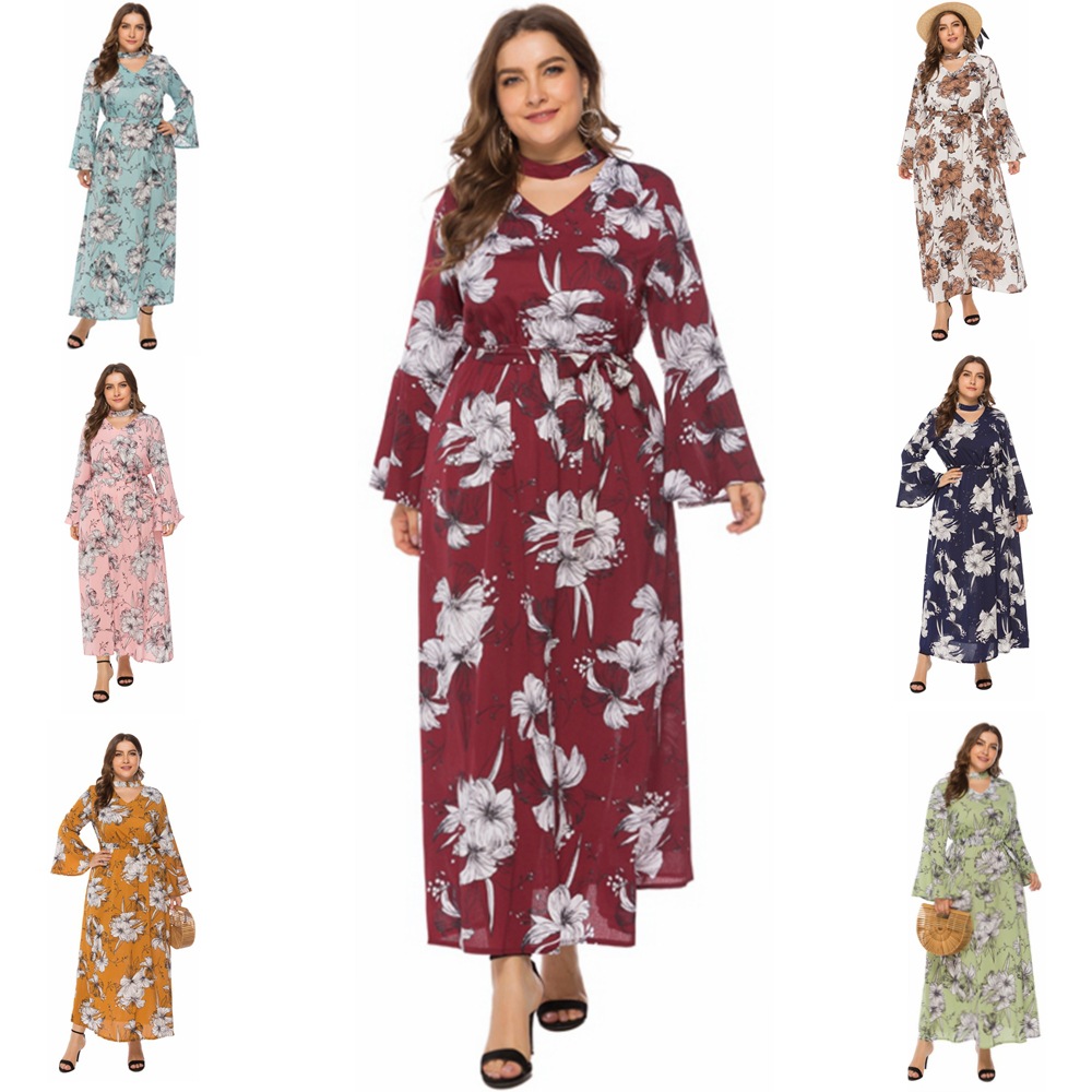 Spring and summer explosion models V-neck trumpet sleeves printed polar large size dress