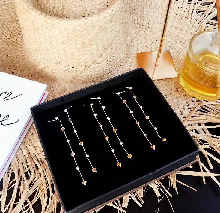 Korean Heart Shape S925 Silver Needle Fashion Love Round Diamond Slender Temperament Long Stud Earrings Accessories