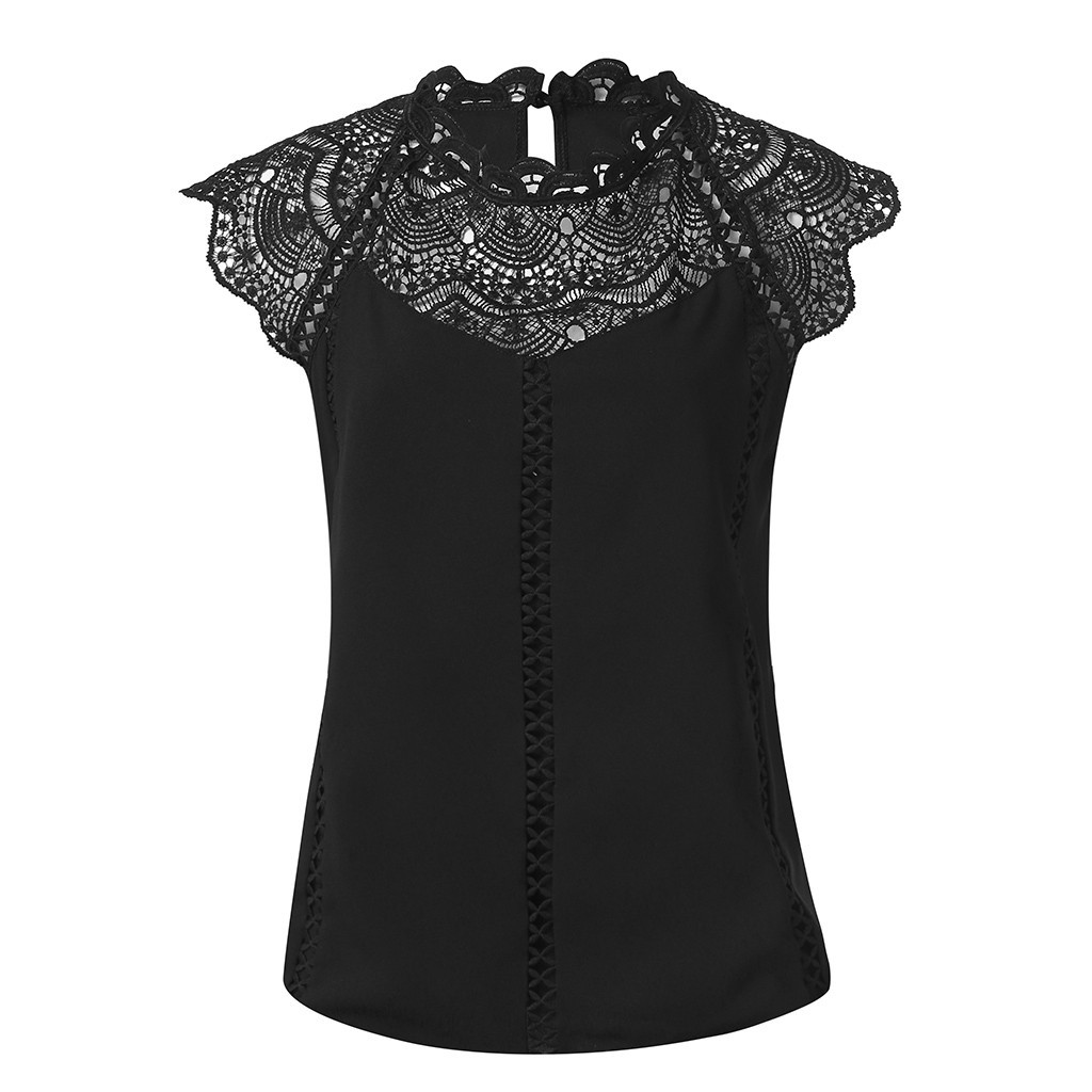 European And American Women's New, Sexy Straight Lace Sleeves Hollow Collar Stitching Chiffon Shirt Double Layer