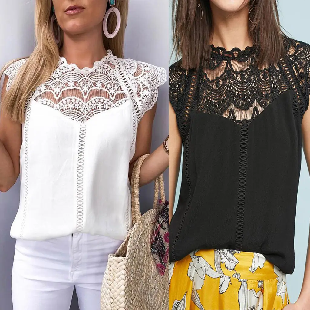 European And American Women's New, Sexy Straight Lace Sleeves Hollow Collar Stitching Chiffon Shirt Double Layer