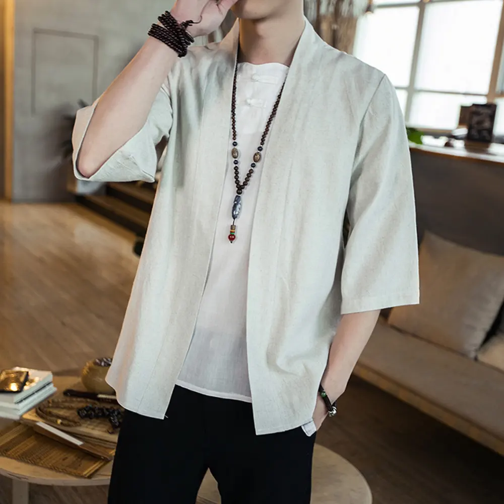 Summer Men's Chinese Style Cotton and Linen Solid Color