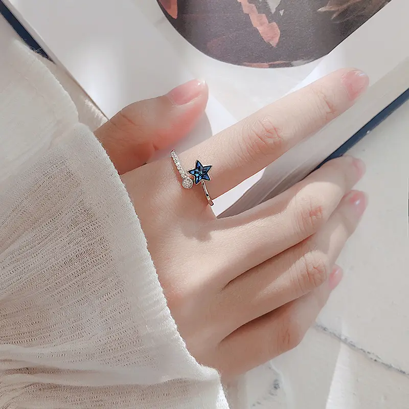 INS Style Silver Blue Star Opening Ring