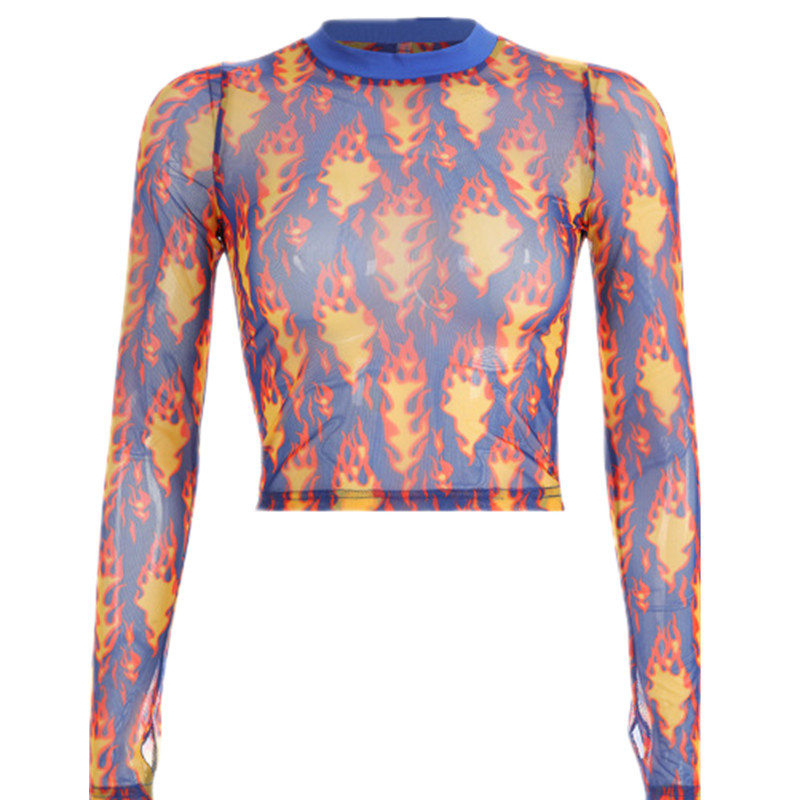 2021ins sexy transparent long-sleeved shirt T-shirt fire-proof printed perspective T-shirt women's street t-shirt spot