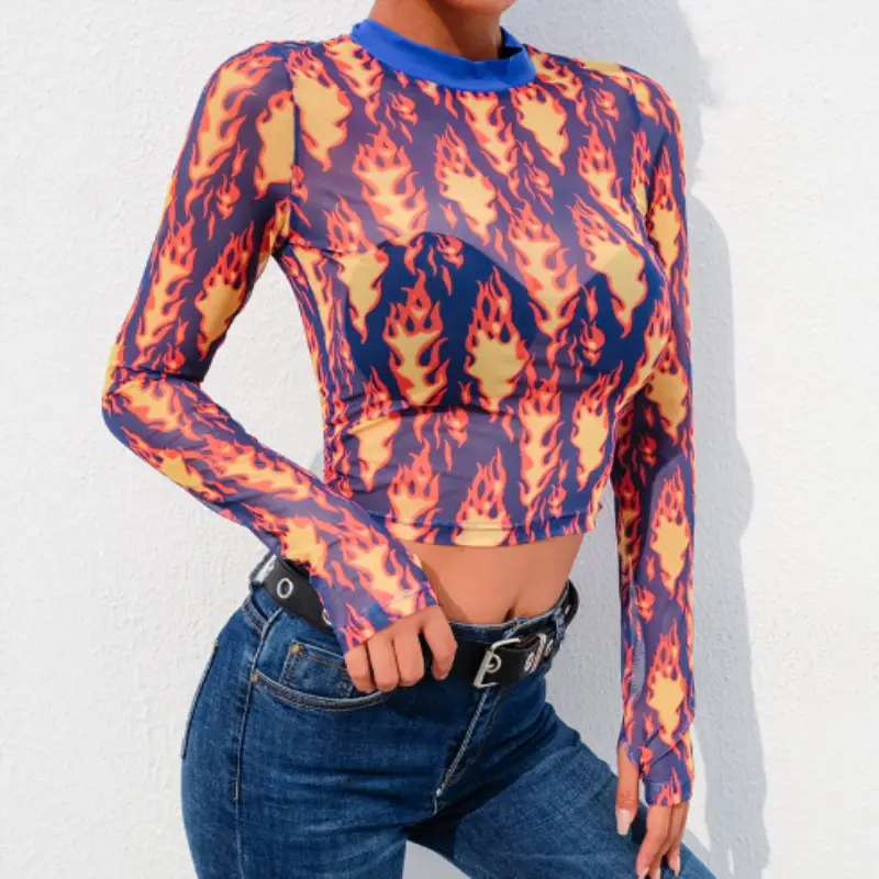 2021ins sexy transparent long-sleeved shirt T-shirt fire-proof printed perspective T-shirt women's street t-shirt spot