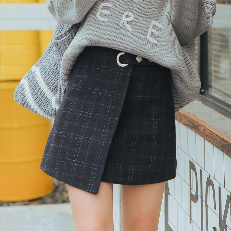 Autumn and winter thickening bag hip hair plaid skirt retro skirt Korean version of the high waist A word skirt