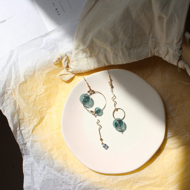 Handmade Vintage Asymmetric Green Glass Bubble Geometric Circle Long Wave Strip Crystal Drop Earrings for Women Party Jewelry