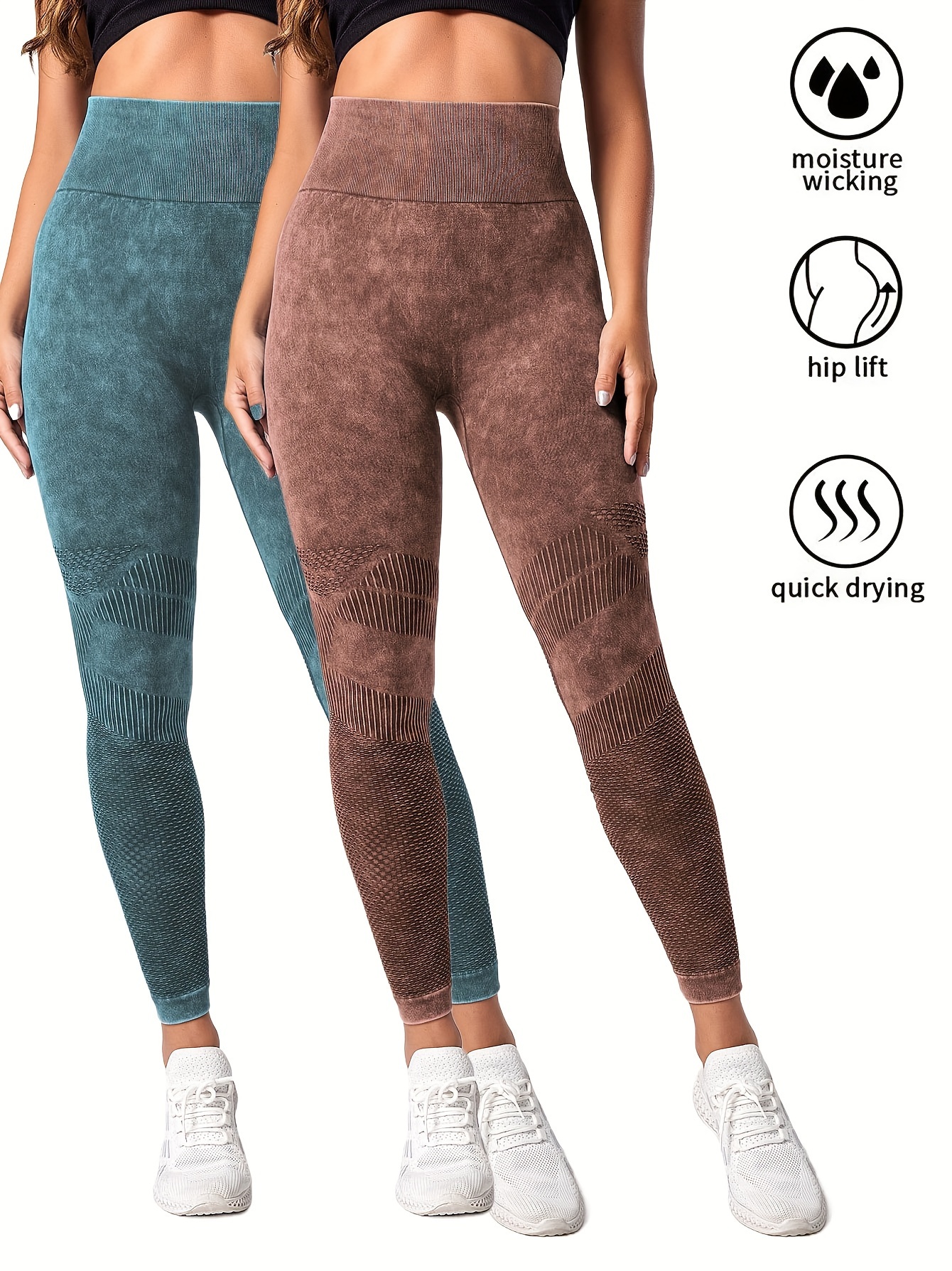 2 Pack Women's Seamless Washed Wide Waistband Sports Leggings, Women's High Waist Yoga Leggings, Textured Tummy Control Ruched Booty Tights Push Up Yoga Pants 2Pack3 M - Shop at LoveMi
