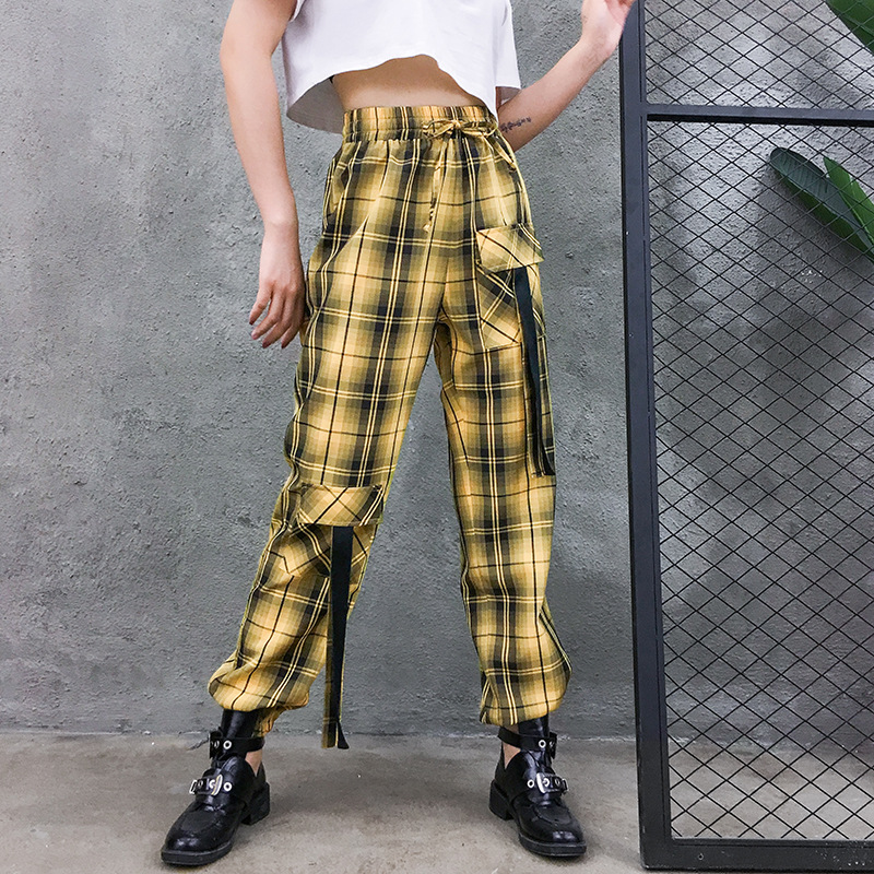 Street Style Plaid Cargo Pants Women Elastic High Waist Baggy Jogger Pants Pockets Womens Hippie Trousers Streetwear Yellow - Shop at LoveMi