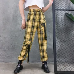 Street Style Plaid Cargo Pants Women Elastic High Waist Baggy Jogger Pants Pockets Womens Hippie Trousers Streetwear - Yellow - View 1