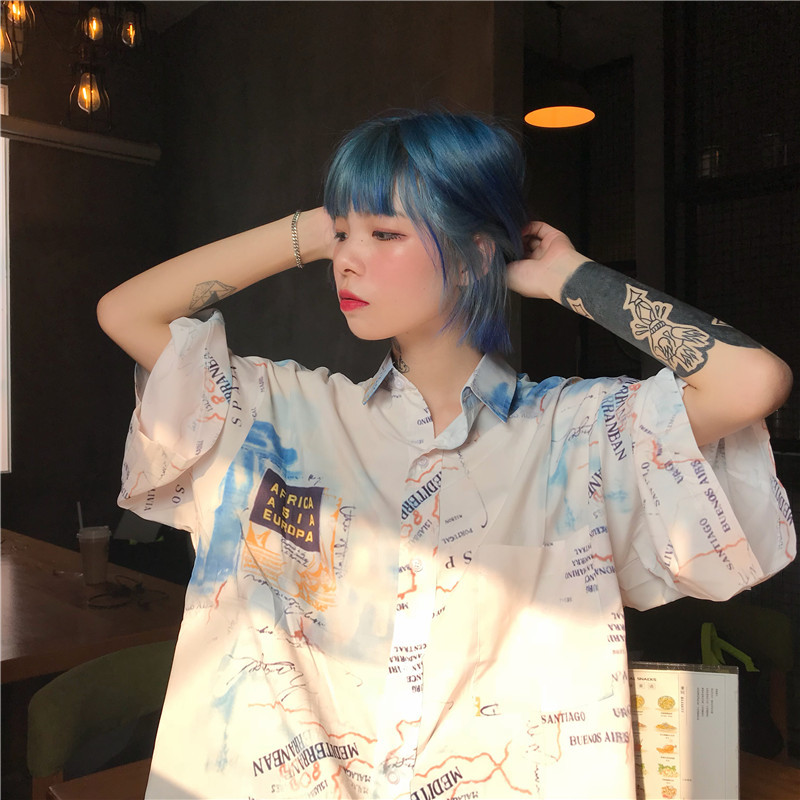 Real shot 18 spring and summer Vintage nautical map loose printed shirt loose shirt men and women with the same paragraph 847