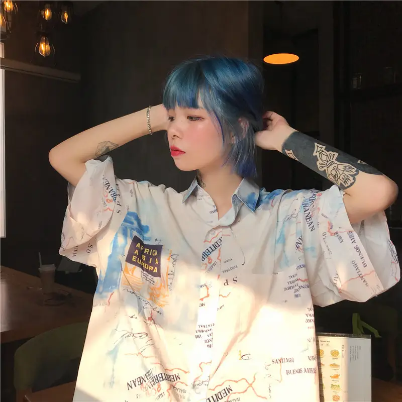 Real shot 18 spring and summer Vintage nautical map loose printed shirt loose shirt men and women with the same paragraph 847