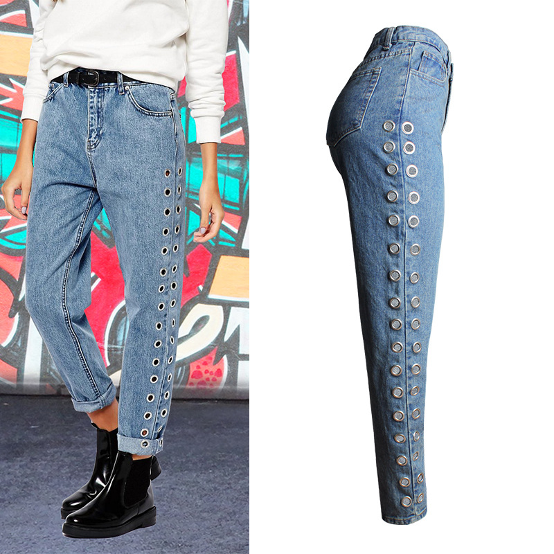 Women's Street New Europe and America BF Wind High Waist Loose Pants Rivets Cutout Metallic Eyes Jeans
