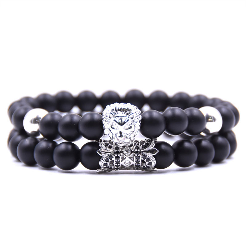2 Piece Set Of Beast King Lion Head Bracelet Black Natural Matte Micro-inlaid Zircon Couple Bracelet Set Men's Jewelry