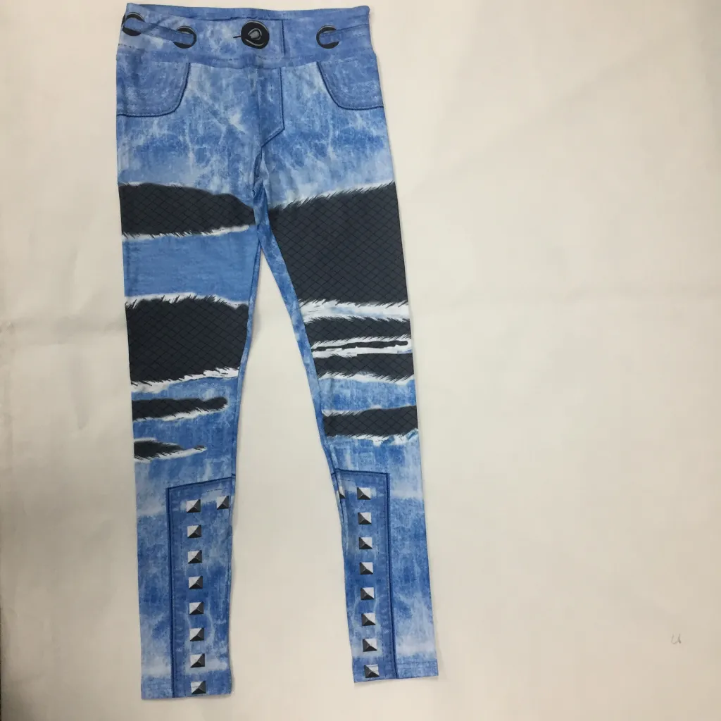 Tattered denim digital printing sports leggings yoga running tight stretch pants - Blue