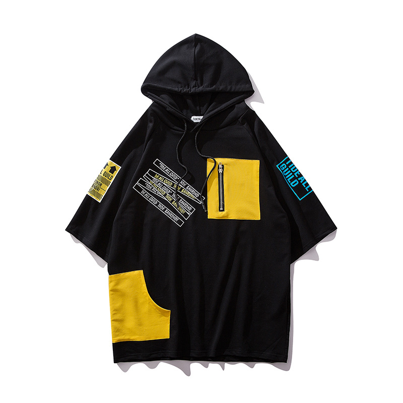 Tide brand hooded short-sleeved sweater male hiphop European and American street trend Korean version hip-hop street dance loose half-sleeved t-shirt