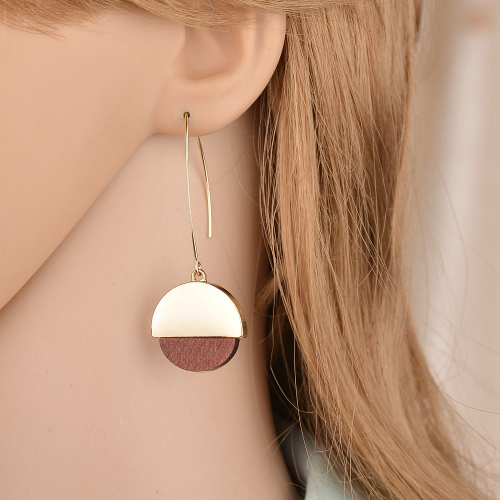 Personalized wood grain earrings earhook simple geometric round earrings